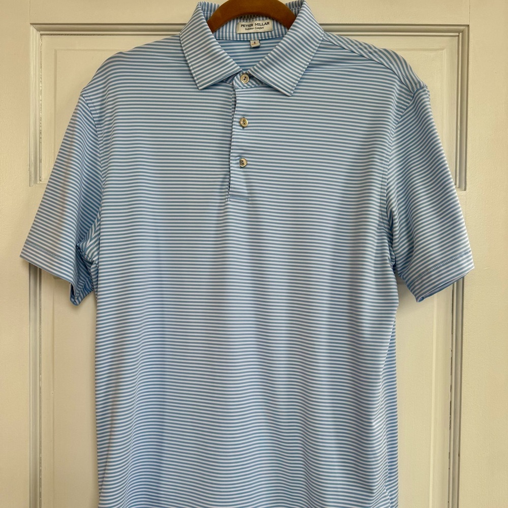 Peter Millar Summer Comfort Polo | Light Blue White Stripe | Men’s Small